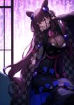  1girl amethyst_(gemstone) backlighting bangs black_dress black_kimono breasts brown_hair checkered_clothes checkered_kimono double_bun dress fate/grand_order fate_(series) genyaky glasses hair_cones hair_ornament highres japanese_clothes juliet_sleeves kimono large_breasts long_hair long_sleeves looking_at_viewer murasaki_shikibu_(fate) puff_and_slash_sleeves puffy_sleeves purple_eyes signature two_side_up 