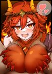  1boy 1girl ahoge breast_hold breasts claws dragon_avatar_vishuvac eyebrows_visible_through_hair fire guardian_tales heart highres jewelry kurarika large_breasts looking_at_viewer open_mouth paizuri red_eyes red_hair solo_focus speech_bubble tiara upper_body 