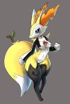  anthro bottomless braixen clothed clothing cream.pup featureless_crotch female fur grey_background hi_res nintendo pok&eacute;mon pok&eacute;mon_(species) simple_background solo video_games wide_hips yellow_body yellow_fur 