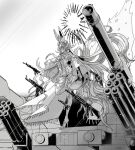  1girl animal_ear_fluff animal_ears armored_vehicle artillery artist_name bangs bow breasts bullet cannon cape circle closed_mouth dress eyebrows_visible_through_hair fate/grand_order fate_(series) floating_hair fox_girl from_below full_body gem greyscale ground_vehicle gun hair_between_eyes hair_bun hat high_heels highres koyanskaya_(fate) long_hair looking_to_the_side machine_gun military military_vehicle monochrome motor_vehicle rabbit_ears revolver ribbon rifle sidelocks solo standing tail tamamo_(fate) tank thighhighs uhana very_long_hair weapon wristband 