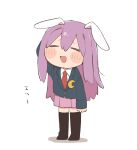  1girl :d animal_ears black_legwear blush_stickers chibi citrus_(place) closed_eyes crescent crescent_pin full_body long_hair necktie pleated_skirt purple_hair rabbit_ears red_necktie reisen_udongein_inaba simple_background skirt smile solo thighhighs touhou white_background 