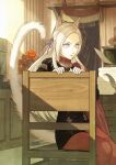  1girl aiguillette animal_ear_fluff animal_ears black_jacket book book_stack cat_ears cat_girl cat_tail chair commentary desk drawer edelgard_von_hresvelg feet_out_of_frame fire_emblem fire_emblem:_three_houses flower gloves hair_ribbon half_updo hands_up high_collar highres indoors jacket kemonomimi_mode light_rays long_hair looking_ahead mouse mueririko on_chair pantyhose plant potted_plant purple_eyes quill red_flower red_legwear ribbon shelf sidelocks silver_hair sitting solo stuffed_animal stuffed_toy sunbeam sunlight surprised tail teddy_bear white_gloves wooden_floor wooden_wall 