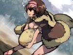  1girl :d bare_legs barefoot_sandals bird_tail blush bra brown_hair carrying commentary_request dodo_(kemono_friends) egg empty_eyes fur_collar fur_trim hair_between_eyes hairband kemono_friends lace-trimmed_bra lace_trim looking_at_viewer multicolored_hair nature open_mouth pink_hair poncho red_footwear riri_(dgra3272) sandals short_hair smile solo tail translated two-tone_hair underwear white_bra yellow_eyes 