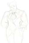  2015 anthro athletic athletic_anthro athletic_male biceps black_tie_(suit) clothing fingers five_nights_at_freddy&#039;s golden_freddy_(fnaf) hand_on_hip looking_at_viewer male mammal monochrome muscular muscular_anthro muscular_male nukde reaching reaching_towards_viewer scottgames sketch smile solo standing suit ursid video_games 