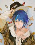  1boy absurdres bandaid bandaid_on_hand blue_eyes blue_hair earrings hand_up hat highres jacket jewelry kaito_(vocaloid) long_sleeves male_focus nail_polish parai0 project_sekai smile solo vocaloid 