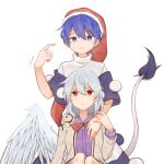  2girls :/ :3 \||/ absurdres angel_wings arm_up bangs beige_jacket black_capelet blue_eyes blue_hair blush book bow bowtie braid breasts capelet chinese_commentary closed_mouth collared_dress commentary_request doremy_sweet dress expressionless eyebrows_visible_through_hair eyelashes feathered_wings feet_out_of_frame fingers french_braid furrowed_brow hair_between_eyes half_updo hat highres idaku kishin_sagume knees long_sleeves looking_at_another looking_up medium_breasts multiple_girls nightcap off_shoulder pom_pom_(clothes) purple_dress red_bow red_bowtie red_neckwear short_hair short_sleeves silver_hair simple_background single_wing sitting smile standing tail tapir_tail touhou turtleneck white_background white_dress wing_collar wings 