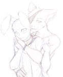  2015 anthro athletic athletic_anthro athletic_male biceps blush bonnie_(fnaf) canid canine duo embrace eye_patch eyewear fingers five_nights_at_freddy&#039;s fox foxy_(fnaf) hug hugging_from_behind lagomorph leporid male male/male mammal monochrome muscular muscular_anthro muscular_male nukde rabbit scarf scottgames sketch smile standing video_games 