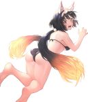  1girl animal_ears ass back bangs bare_shoulders bikini black_bikini blush breasts brown_hair fate/grand_order fate_(series) fox_ears hairband highres large_breasts long_hair looking_at_viewer looking_back low_twintails open_mouth osakabe-hime_(fate) osakabe-hime_(foxy_lady)_(fate) otsukemono purple_eyes solo swimsuit tears thighs twintails very_long_hair 