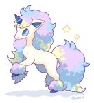  artist_name blue_eyes commentary_request from_side full_body galarian_ponyta highres horns kotone11152 no_humans pokemon pokemon_(creature) purple_fur single_horn solo star_(symbol) 