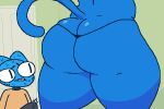  anthro big_butt big_eyes blue_body blue_fur bodily_fluids bottomwear butt cartoon_network clothed clothing domestic_cat duo erection erection_under_clothing felid feline felis female fully_clothed fur gumball_watterson hi_res huge_butt long_tail male male/female mammal mother mother_and_child mother_and_son nicole_watterson pants parent parent_and_child red_nose simple_background son string_panties sweat sweater tenting the_amazing_world_of_gumball thick_thighs topwear zlut385 