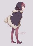  1girl 9735aoitora :d bird_tail black_hair blush boots brown_hair brown_jacket brown_skirt brown_sweater commentary_request dated dodo_(kemono_friends) empty_eyes eyebrows_visible_through_hair from_side full_body fur_collar fur_trim hair_between_eyes hairband hood hood_down jacket kemono_friends leaning_forward open_mouth pantyhose pink_footwear pink_hair pink_legwear pleated_skirt poncho red_hairband short_hair skirt smile solo sweater tail 
