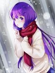  1girl blush commentary doki_doki_literature_club hair_ornament hairclip highres long_hair looking_at_viewer luuluna_03 open_mouth outdoors purple_eyes purple_hair red_scarf scarf skirt snow solo sweater winter yuri_(doki_doki_literature_club) 