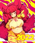  1girl 2022 absurdres animal_ears animal_print breasts choker cleavage clenched_teeth eyebrows_visible_through_hair gloves highres large_breasts long_hair looking_at_viewer navel nellko_agogo one_eye_closed original red_hair red_legwear slugbox smile solo tail teeth thick_eyebrows tiger_print two-tone_background two-tone_legwear yellow_background yellow_choker yellow_eyes yellow_gloves yellow_legwear 