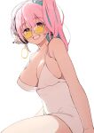  1girl afnroll alternate_hairstyle aqua_hair blush breasts cleavage colored_inner_hair eyebrows_visible_through_hair glasses headphones highres large_breasts long_hair looking_at_viewer multicolored_hair nitroplus pink_eyes pink_hair side_ponytail smile solo super_sonico tinted_eyewear upper_body yellow-tinted_eyewear 