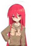 1girl alastor_(shakugan_no_shana) antenna_hair bangs beige_bow bow bowtie collarbone commentary_request eyebrows_visible_through_hair eyes_visible_through_hair hair_between_eyes hand_on_hip highres jewelry long_hair long_sleeves looking_at_viewer necklace ohlia red_eyes red_hair school_uniform shakugan_no_shana shana simple_background sleeves_past_wrists smile solo upper_body very_long_hair white_background 