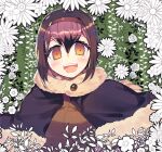  1girl :d bird_tail blush brown_hair brown_sweater commentary_request dodo_(kemono_friends) empty_eyes eyebrows_visible_through_hair flower fur_collar fur_trim green_background hair_between_eyes hairband kemono_friends multicolored_hair open_mouth pink_hair plant poncho short_hair smile solo sweater tail twintail_kyun_(lian) upper_body yellow_eyes 
