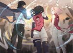  1boy 2girls black_gloves black_hair black_pants black_sleeves blurry blurry_foreground boruto:_naruto_next_generations bracelet chidori_(naruto) clenched_hand detached_sleeves fingerless_gloves floating_hair from_behind from_below gloves grey_shirt haruno_sakura highres jacket jewelry long_hair long_sleeves multiple_girls naruto_(series) niku_(ni23ku) pants pink_hair red_jacket shirt short_hair short_shorts shorts sleeveless sleeveless_jacket twitter_username uchiha_sarada uchiha_sasuke vest white_pants white_shorts white_vest 