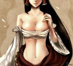  1girl at2. bare_shoulders black_hair breasts chain cleavage collarbone detached_sleeves hair_tubes hakurei_reimu head_out_of_frame highres large_breasts lips long_hair navel no_shirt older sarashi solo touhou very_long_hair 