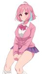  1girl ahoge blue_hair blush breasts highres idolmaser idolmaster idolmaster_cinderella_girls looking_at_viewer medium_breasts miniskirt multicolored_hair pink_eyes pink_hair pink_sweater saito_katuo school_uniform short_hair sitting skirt socks solo sweater yumemi_riamu 