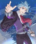  1boy absurdres aihysa bangs buttons collared_shirt commentary_request cowboy_shot fingernails hand_up highres holding holding_poke_ball jacket jewelry male_focus necktie open_clothes open_jacket open_mouth pants poke_ball pokemon pokemon_(game) pokemon_oras ring scrape shirt short_hair smile solo steven_stone ultra_ball vest watermark white_shirt 