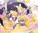  1boy 1girl arm_warmers bangs black_collar blonde_hair blue_eyes blue_ribbon bouquet bow collar commentary container crop_top envelope flower gold_trim grey_collar grey_shorts grin hair_bow hair_ornament hairclip headphones holding holding_bouquet holding_envelope in_container kagamine_len kagamine_rin looking_at_viewer necktie open_mouth orange_flower outstretched_arm pink_flower purple_flower ribbon sailor_collar school_uniform sheet_music shirt short_hair short_ponytail short_shorts short_sleeves shorts sleeveless sleeveless_shirt smile spiked_hair standing suzumi_(fallxalice) swept_bangs vocaloid white_bow white_shirt yellow_flower yellow_necktie 