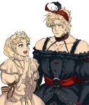  1boy 1girl alternate_costume bare_shoulders battle_tendency blue_eyes bow caesar_anthonio_zeppeli clapping crossdressing dress feather_hair_ornament feathers hair_bow hair_ornament hairband jojo_no_kimyou_na_bouken lace-trimmed_collar lace-trimmed_dress lace-trimmed_hairband lace_hairband lace_trim o-ring_belt own_hands_together ribbon_braid sujiko_(125motimoti) suzi_q 
