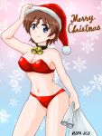  1girl akaboshi_koume bangs bell bikini black_collar blue_eyes blush breasts brown_hair christmas cleavage closed_mouth collar commentary cowboy_shot cursive english_text eyebrows_visible_through_hair girls_und_panzer hand_on_headwear hat highres holding holding_sack looking_at_viewer medium_breasts merry_christmas navel neck_bell nspa_(spa-jcs) red_bikini red_headwear sack santa_bikini santa_hat short_hair smile snowflake_background solo standing strapless strapless_bikini swimsuit twitter_username wavy_hair 