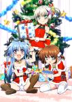  3girls :d absurdres alternate_hairstyle aqua_eyes arm_ribbon armband back_bow bangs bare_shoulders bell black_choker black_hair black_legwear black_ribbon blue_eyes blue_hair blue_panties blush bow brown_hair capelet choker christmas christmas_ornaments christmas_tree closed_mouth commentary_request crotch_seam dearche_kings_claudia dress eyebrows_visible_through_hair fang fish fur-trimmed_capelet fur-trimmed_dress fur_trim garland_(decoration) gift hair_bell hair_bobbles hair_ornament hair_ribbon hair_up halter_dress halterneck heart heart_print highres holding holding_gift indoors jewelry jewelry_removed large_bow leaning_forward levi_russel long_hair looking_at_viewer low_twintails lyrical_nanoha mahou_shoujo_lyrical_nanoha_innocent miyajima_hitoshi multicolored_hair multiple_girls neck_bell necklace necklace_removed on_floor open_mouth panties pantyshot pink_panties ponytail purple_eyes red_bow red_capelet red_dress ribbon santa_dress short_dress short_hair sidelocks silver_hair sitting smile snowflake_print sparkle spread_legs standing star_ornament stern_starks strapless strapless_dress striped striped_legwear thighhighs twintails two-tone_hair underwear wariza white_legwear wrist_cuffs x_hair_ornament 