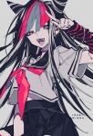  1girl absurdres bangs black_hair black_sailor_collar black_skirt character_name commentary_request danganronpa_(series) danganronpa_2:_goodbye_despair detached_sleeves ear_piercing eyebrows_visible_through_hair fangs green_hair grey_shirt hair_horns hand_up highres jewelry long_hair looking_at_viewer mioda_ibuki mochizuki_kei multicolored_hair neckerchief necklace open_mouth piercing pink_eyes pink_hair pink_neckerchief pleated_skirt red_hair sailor_collar school_uniform shirt skirt solo striped_sleeves tongue tongue_out 