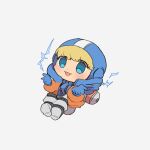  1girl apex_legends bangs blonde_hair blue_bodysuit blue_eyes blue_gloves bodysuit chibi gloves grey_background hood hooded_jacket jacket nojima_minami open_hands orange_jacket ribbed_bodysuit sitting smile solo wattson_(apex_legends) white_bodysuit 