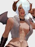  1girl abs angel_(kof) bangs breasts choker curled_horns hair_over_one_eye highres horns index_fingers_raised jacket large_breasts looking_at_viewer muscular muscular_female navel no_bra oni_gini open_clothes open_jacket sheep sheep_horns snk solo the_king_of_fighters the_king_of_fighters_xiv toned underwear white_hair wool 