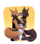  acesarena_(artist) adastra adastra_(series) anthro bottomwear brown_body brown_fur canid canine canis clothing duo echo_(game) echo_(series) echo_project embracing embracing_another female female/female fennec fox fur grey_body grey_fur hi_res jenna_begay jewelry kissing male male/male mammal shorts spaghetti_strap tunic video_games virginia_(adastra) visual_novel wolf 