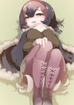  1girl 9735aoitora :d bird_tail black_hair blush boots brown_skirt brown_sweater commentary_request dodo_(kemono_friends) empty_eyes eyebrows_visible_through_hair hair_between_eyes hair_ornament hairband hand_on_own_chest hand_on_own_knee hands_on_own_knees highres kemono_friends looking_at_viewer multicolored_hair open_mouth pantyhose pink_footwear pink_hair pink_legwear poncho red_hairband short_hair skirt smile solo sweater tail two-tone_hair yellow_eyes 