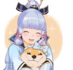  1girl animal_ears bow closed_eyes dog dog_ears dog_nose fikkyun genshin_impact hair_ornament kamisato_ayaka long_hair long_sleeves mole mole_under_eye nose open_mouth pink_bow shiba_inu simple_background smile taroumaru_(genshin_impact) white_background white_hair 