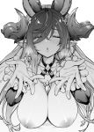  1girl animal_ears blush breasts closed_eyes collarbone extra_ears eyebrows_visible_through_hair galleon_(granblue_fantasy) gloves granblue_fantasy greyscale hair_ornament horns large_breasts long_hair monochrome mushi024 nipples pointy_ears simple_background solo white_background 