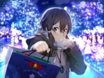  1girl artist_request bag black_hair brown_eyes coat eyewear_on_head gift glasses hair_ornament hairclip highres holding holding_gift looking_at_viewer scarf short_hair sinon snowing sword_art_online sword_art_online:_memory_defrag white_scarf winter_clothes 