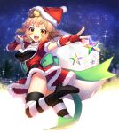  1girl blonde_hair blush breasts christmas fingerless_gloves gloves hat highres looking_at_viewer medium_breasts open_mouth red_gloves santa_costume santa_hat senki_zesshou_symphogear sky smile solo star_(sky) starry_sky striped striped_legwear tachibana_hibiki_(symphogear) thighhighs wada_chiyon yellow_eyes 