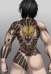  arcane:_league_of_legends arm_tattoo ass ass_tattoo back_tattoo black_hair character_request cowboy_shot from_behind grey_background highres league_of_legends muscular muscular_female shiny shiny_skin short_hair susuke_(yusuke) tattoo tiger_tattoo 
