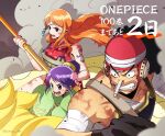  armor bandaid bandaid_on_face bandaid_on_nose black_hair clenched_teeth hair_bun hat highres holding holding_weapon injury japanese_clothes kanoya_akr long_hair nami_(one_piece) official_style one_piece orange_hair purple_hair smoke tama_(one_piece) tattoo teeth usopp weapon 