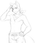  2015 anthro athletic athletic_anthro athletic_male biceps big_tail bottomwear canid canine clothing denim denim_clothing fingers fox fox_mccloud gesture hand_on_hip hi_res jeans looking_at_viewer male mammal monochrome muscular muscular_anthro muscular_male nintendo nukde pants pecs salute scarf sketch smile solo standing star_fox video_games 