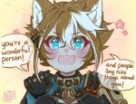  +_+ 1boy :d animal_ear_fluff animal_ears armor arms_up bangs black_gloves blue_eyes blush clenched_hands dog_ears dog_tail eyelashes fang flower genshin_impact gloves gorou_(genshin_impact) hair_ornament highres japanese_armor lucklessluci male_focus multicolored_hair open_mouth orange_hair paw_print pink_background pink_flower sidelocks skin_fang smile solo standing streaked_hair sweatdrop tail upper_body white_hair 