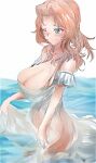  1girl absurdres blonde_hair blue_eyes blush breasts cleavage closed_mouth commentary dress girls_und_panzer hair_intakes halterneck highres kay_(girls_und_panzer) kyougi_sharyou large_breasts long_hair no_bra no_panties ocean off-shoulder_dress off_shoulder one_eye_closed see-through smile solo standing sundress wading water wet wet_clothes white_dress 