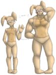  2015 anthro athletic athletic_anthro athletic_male blush digital_media_(artwork) feet fingers five_nights_at_freddy&#039;s five_nights_at_freddy&#039;s_4 fur gesture grey_eyes hand_behind_back hand_behind_head hi_res lagomorph leporid looking_at_viewer male mammal multicolored_body multicolored_fur muscular muscular_anthro muscular_male nukde pecs plushtrap_(fnaf) rabbit scottgames sharp_teeth simple_background smile solo standing stitch_(sewing) tan_body tan_fur teeth toes two_tone_body two_tone_fur video_games waving waving_at_viewer white_background 