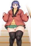  1girl bangs black_legwear blue_eyes blue_hair blush closed_mouth commentary_request eyebrows_visible_through_hair fat fat_step-sister_(orizen) feet_out_of_frame green_skirt highres long_sleeves looking_at_viewer medium_hair original orizen panties pleated_skirt skirt solo stairs straight-on tareme thick_thighs thighhighs thighs underwear white_panties zettai_ryouiki 