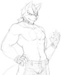  2015 abs anthro athletic athletic_anthro athletic_male biceps big_tail bottomwear bulge canid canine canis chest_tuft clothing collar denim denim_clothing eye_patch eyewear fingerless_gloves fingers gloves hair hand_on_hip handwear hi_res jeans looking_at_viewer male mammal monochrome muscular muscular_anthro muscular_male nintendo nukde pants pecs sharp_teeth short_hair sketch solo standing star_fox teeth tuft video_games wolf wolf_o&#039;donnell 