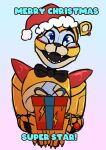  2021 animatronic anthro biped bow_tie brown_body christmas clothed clothing digital_media_(artwork) ear_piercing english_text fingers five_nights_at_freddy&#039;s five_nights_at_freddy&#039;s:_security_breach gift glamrock_freddy_(fnaf) grumpy_griffin_creations hat headgear headwear hi_res holding_object holidays looking_at_viewer machine male mammal open_mouth piercing robot scottgames simple_background smile solo standing text ursid video_games 