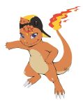  2021 ambiguous_gender backwards_baseball_cap backwards_hat baseball_cap blivery charmander claws clothing fangs feral fire flaming_tail hair hat headgear headwear looking_at_viewer nintendo orange_hair pok&eacute;mon pok&eacute;mon_(species) signature simple_background smile solo video_games white_background 