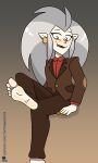  2021 5_toes barefoot black_tie_(suit) clothing disney eda_clawthorne feet foot_focus grey_hair hair hi_res humanoid humanoid_pointy_ears mammal mrchasecomix not_furry sitting suit the_owl_house toes witch_(the_owl_house) 