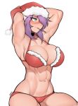  1girl abs absurdres armpits arms_behind_head arms_up artist_name bikini blue_eyes blush breasts choker commentary cowboy_shot english_commentary food hair_over_one_eye hat highres large_breasts maya_(roadi3) muscular muscular_female navel original pocky purple_hair roadi3 santa_bikini santa_hat scar scar_on_face scar_on_nose short_hair simple_background solo swimsuit twitter_username watermark white_background 