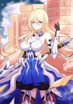  1girl absurdres armor armored_boots armored_dress bangs bianka_durandal_ataegina bianka_durandal_ataegina_(bright_knight:_excelsis) blonde_hair blue_sky boots breasts bupa_chila cleavage cloud cloudy_sky dress earrings gauntlets hair_ornament highres holding holding_polearm holding_weapon honkai_(series) honkai_impact_3rd huge_breasts jewelry long_hair looking_at_viewer polearm sky sleeveless sleeveless_dress smile solo spear strapless strapless_dress thigh_boots thighhighs weapon yellow_eyes 